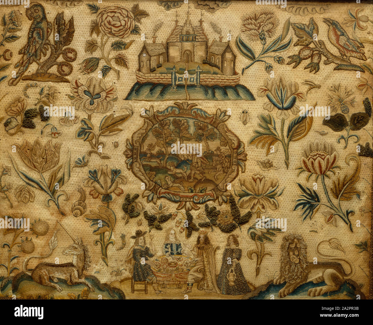 Unbekannt (Englisch), Esther, Königin und König Anasuerus an einem Bankett, 1640/1650, White Satin, gelber Seide., gerahmt: 15 3/4 x 19 x 1 cm. (40 x 48,26 x 3,18 cm Stockfoto