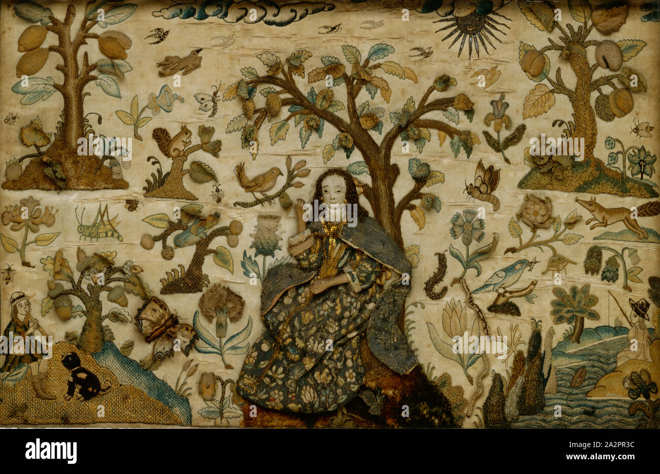 Unbekannt (Englisch), Lady sitzt unter einem Baum, 17. Jahrhundert, gerahmt: 13 x 18 3/4 x 1 3/4 in. (33,0 x 47,6 x 4,4 cm Stockfoto