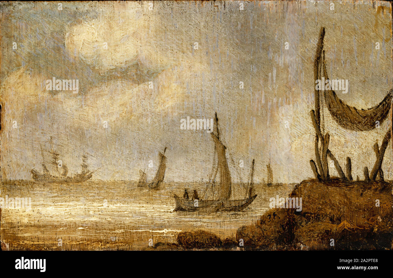 Art und Weise der Julius Porcellis, Niederländisch, C. 1610 - 1654, einer Küstenstadt Szene, 1630, Öl auf Eichenholz Panel, 3 7/8x5 7/8 in Stockfoto