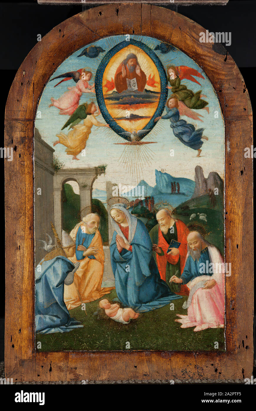 Bartolomeo di Giovanni, Italienischer, aktive 1470/75-1501, die Madonna und vier Heiligen anzubeten, das Jesuskind, C. 1495, Farbe auf Holz, ungerahmt Wiegte: 15×9 3/4 Zoll (38,1 × 24,8 cm Stockfoto