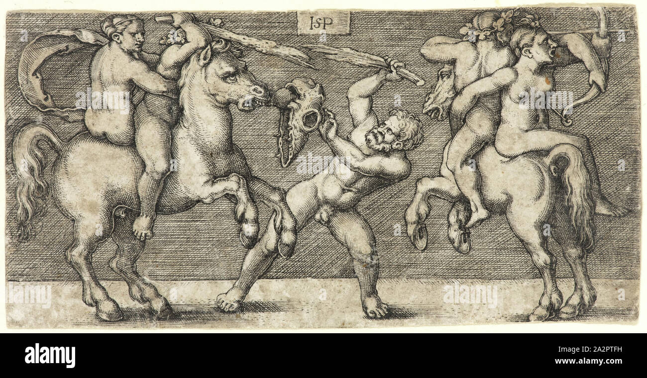 Hans Sebald Beham, Deutsch, 1500-1550, Schlacht von drei Männern, 16. Jahrhundert, Gravur, in schwarzer Tinte auf Bütten gedruckt, Blatt (innerhalb der Platte mark getrimmt): 1 3/4 x 3 1/2 Zoll (4,4 × 8,9 cm Stockfoto