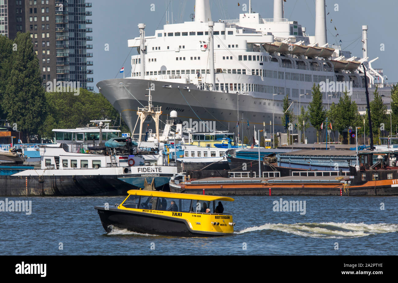 Der Hafen von Rotterdam, Niederlande, ehemalige Passagierschiff, die holland-amerika-Lijn, SS Rotterdam, liegt, wie ein Hotel Schiff in den Hafen, Wassertaxi, Stockfoto