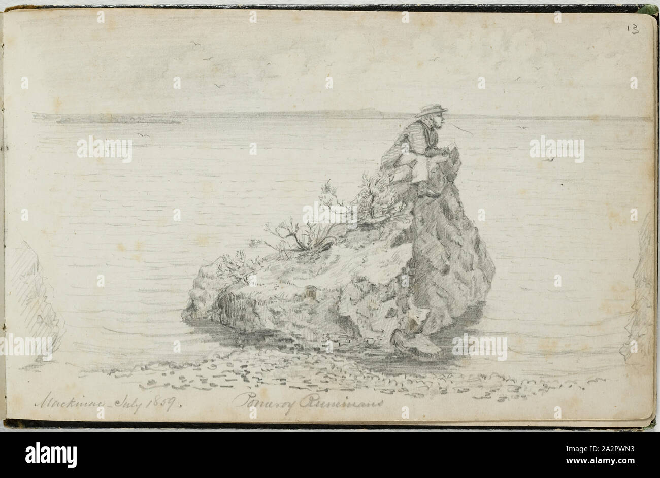 Unbekannt (Amerikanische), Mackinac - Juli 1859, Pomeroy Ruminans, 1859, Graphit, Bleistift auf Papier, Blatt Creme: 4 5/8 x 7 3/8 Inch (11,7 x 18,8 cm Stockfoto