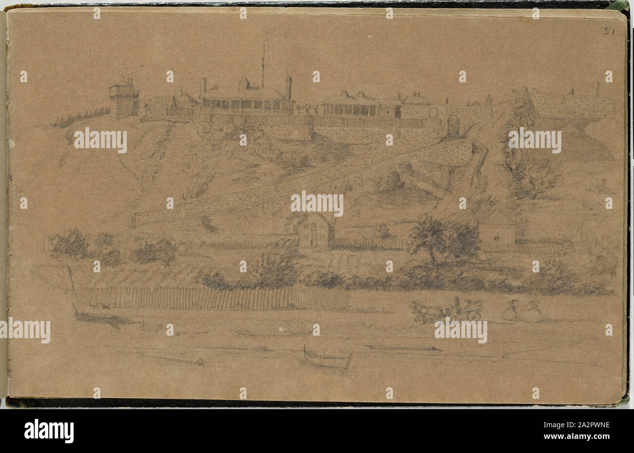 Unbekannt (Amerikanische), Untitled (Blick auf Fort Mackinac), 1859, Graphit, Bleistift auf Papier, Blatt Creme: 4 5/8 x 7 3/8 Inch (11,7 x 18,8 cm Stockfoto