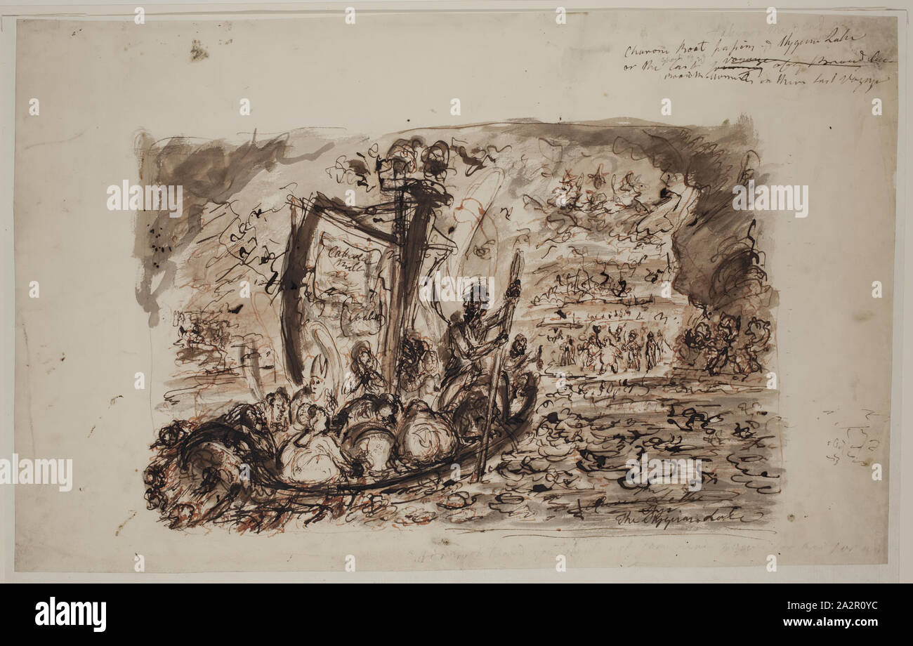 James Gillray, Englisch, 1756-1815, Charons Boot, zwischen 1756 und 1815, Pinsel in Braun Tinte über braun Kreide und Bleistift Bleistift Stockfoto