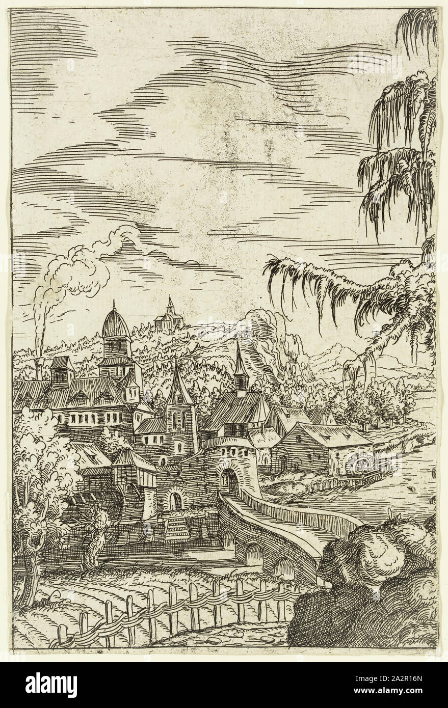 Hans Sebald Lautensack, Deutsch, 1524-1560, zwei Kiefern und eine Kabine gegenüber einem Fluss Stadt, 1551, Radierung, in schwarzer Tinte auf Bütten gedruckt, Blatt (innerhalb der Platte mark getrimmt): 6 5/8 x 4 3/8 Inch (16,8 × 11,1 cm Stockfoto