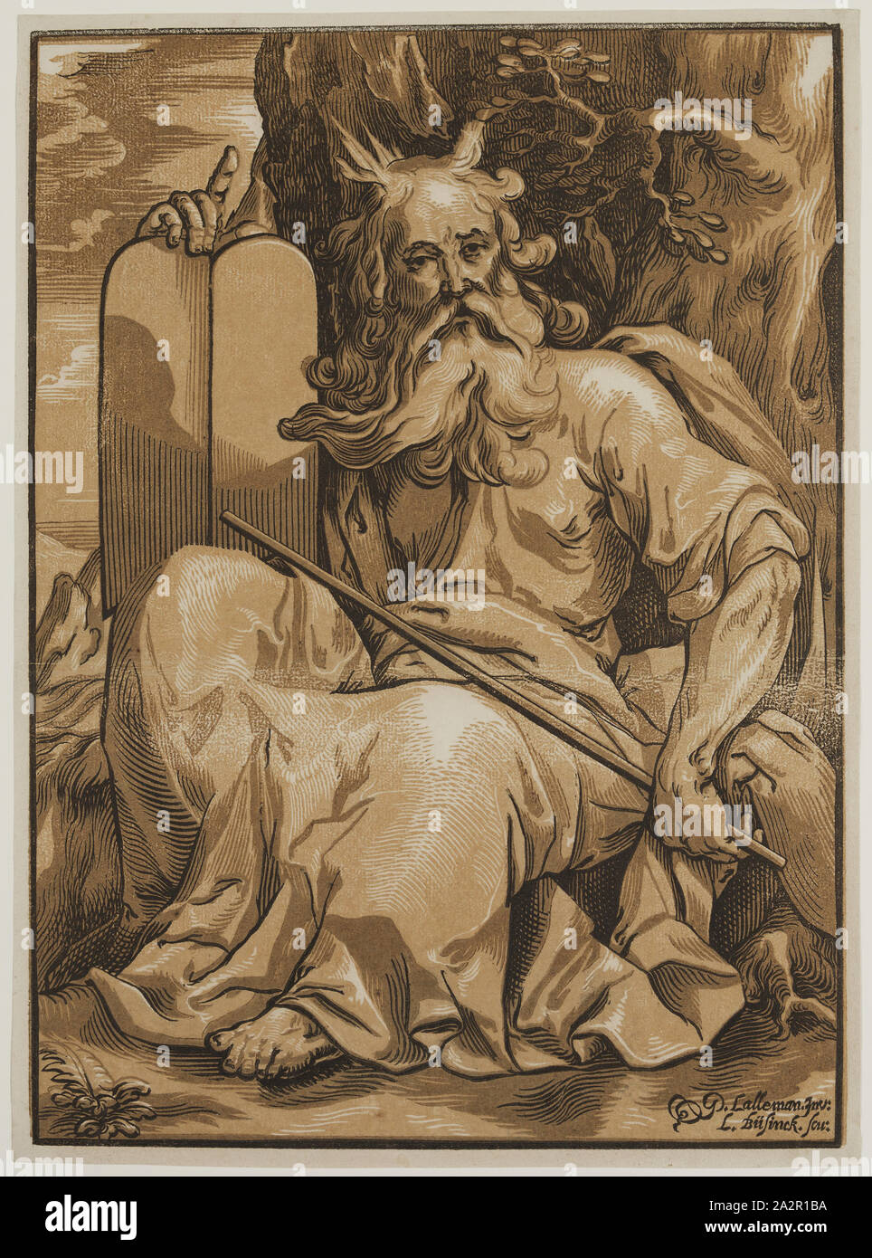 Ludolph Businck, Deutsch, 1590-1669, nach George Lallemand, Französisch, 1575-1635, Mose mit den Tabellen des Rechts, 17. Jahrhundert, chiaroscuro Holzschnitt in Braun und Schwarz Tinte auf Bütten gedruckt, Bild: 15 1/2 x 11 3/8 Inch (39,4 × 28,9 cm Stockfoto