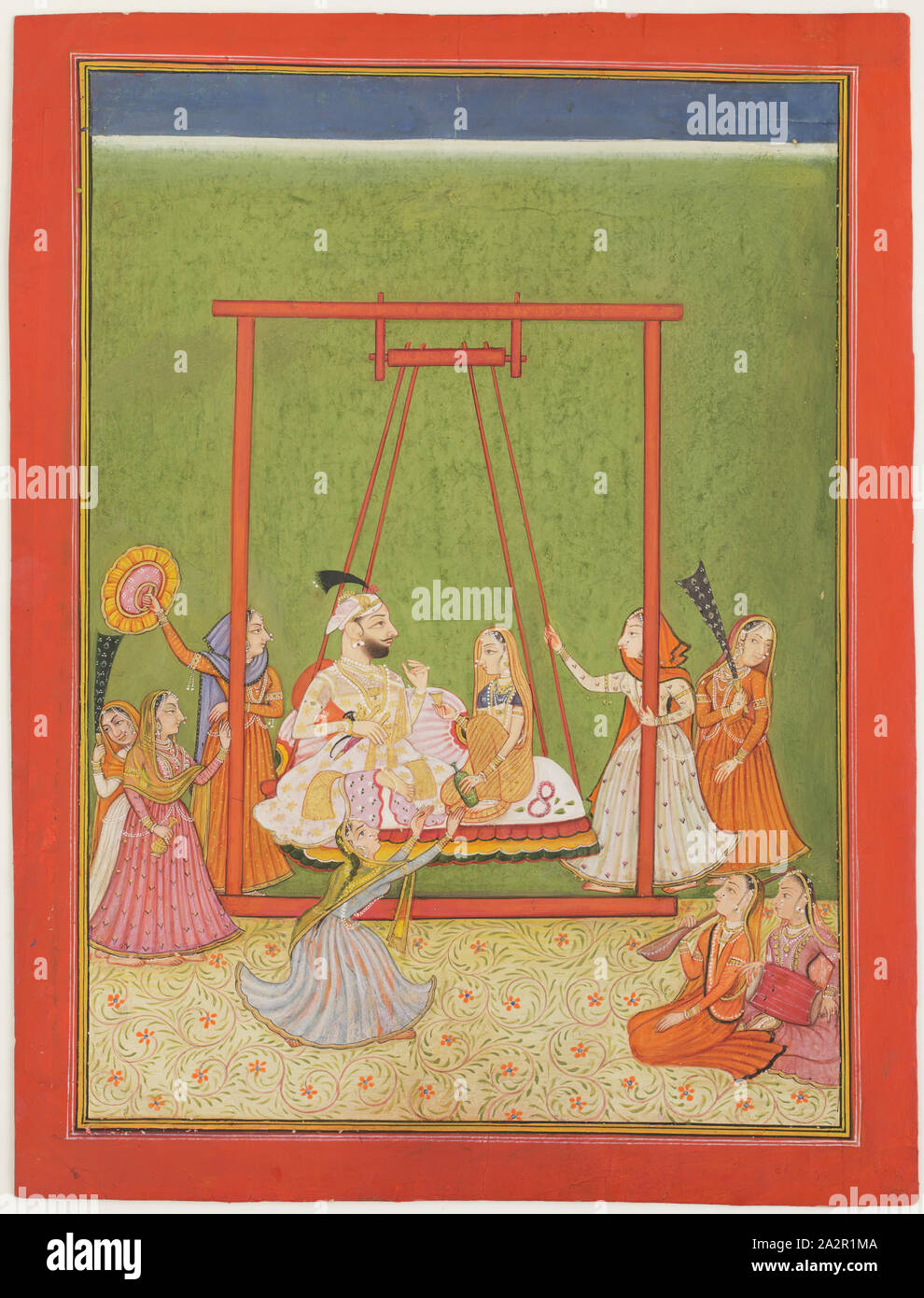 Unbekannt (indisch), Raja und Rani auf Swing mit weiblichen Begleiter, Ca. 1800, Gouache und vergoldeten auf Papier, Bild: 11×7 7/8 Zoll (27,9 × 20 cm Stockfoto