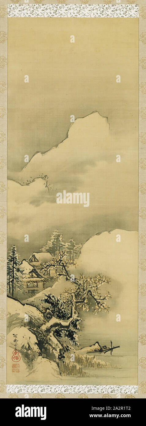 Ganku, Japanisch, 1756-1838, Häuser und Bäume unter schneebedeckten Berge, zwischen dem Ende des 18. und Mitte des 19. Jahrhunderts, Tusche und Aquarell auf Leinwand, auf Papier montiert, Gesamt: 66 3/4 x 19 Zoll (169,5 × 48,3 cm Stockfoto