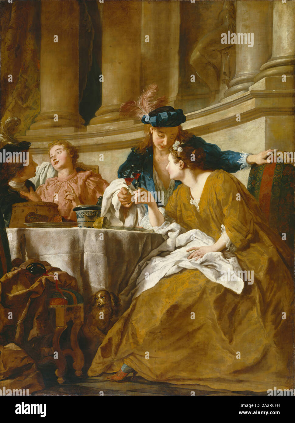 Workshop von Jean François de Troy, Französisch, 1679-1752, Mittagessen mit Figuren in Masquerade Dress, 1725, Öl auf Leinwand, ohne Rahmen: 88 1/4 x 65 Zoll (224,2 × 165,1 cm Stockfoto