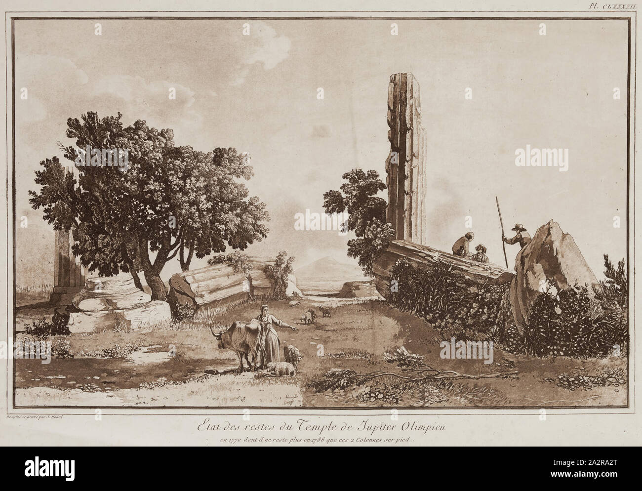 Jean Pierre Louis Lauren Houel, Französisch, 1735-1813, Ruinen der Tempel des Jupiter Olympus, Sizilien, 1786, Radierung und Aquatinta in brauner Tinte auf Bütten gedruckt, Bild: 8 7/8 x 13 7/8 Inch (22,5 × 35,2 cm Stockfoto