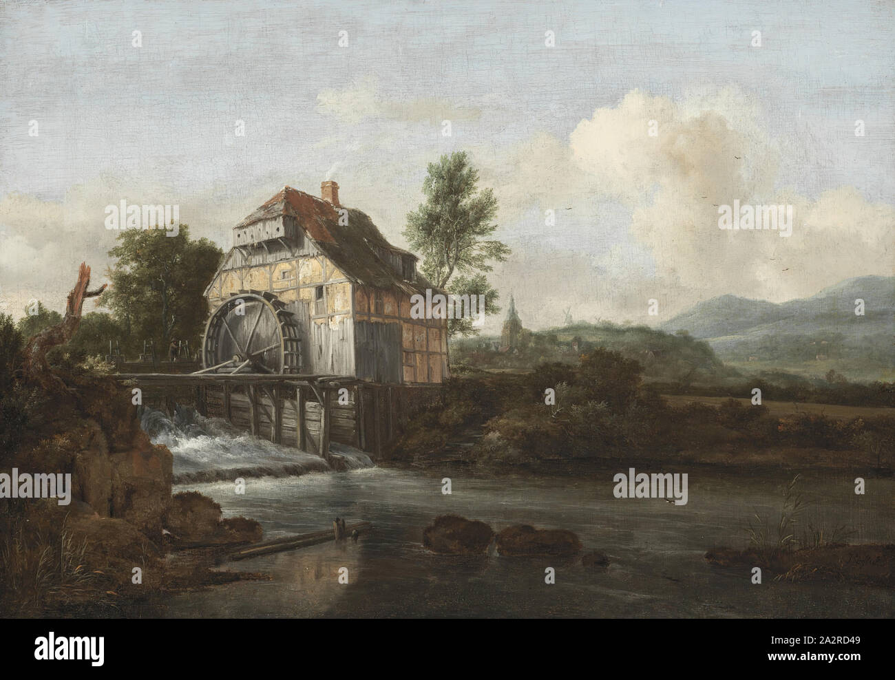 Jacob Isaaksz van Ruisdael, Niederländisch, 1628-1682, Landschaft mit einer Wassermühle, Ca. 1680, Öl auf Leinwand, ohne Rahmen: 16 3/4 x 24 1/4 Inch (42,5 × 61,6 cm Stockfoto