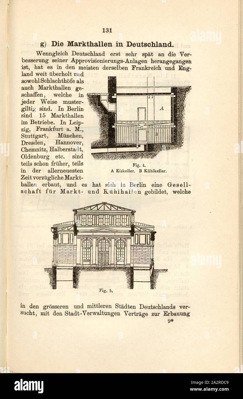 Kleinmarkthalle Auf der Rathausstraße in Wien, Abb. 4: ein Eis gekühlten Keller Keller, B, Abb. 5: Fassade, Feigen. 4-5, S. 131, Georg Osthoff: Sterben Markthallen für Lebensmittel. Leipzig: Karl Scholtze, 1894 Stockfoto