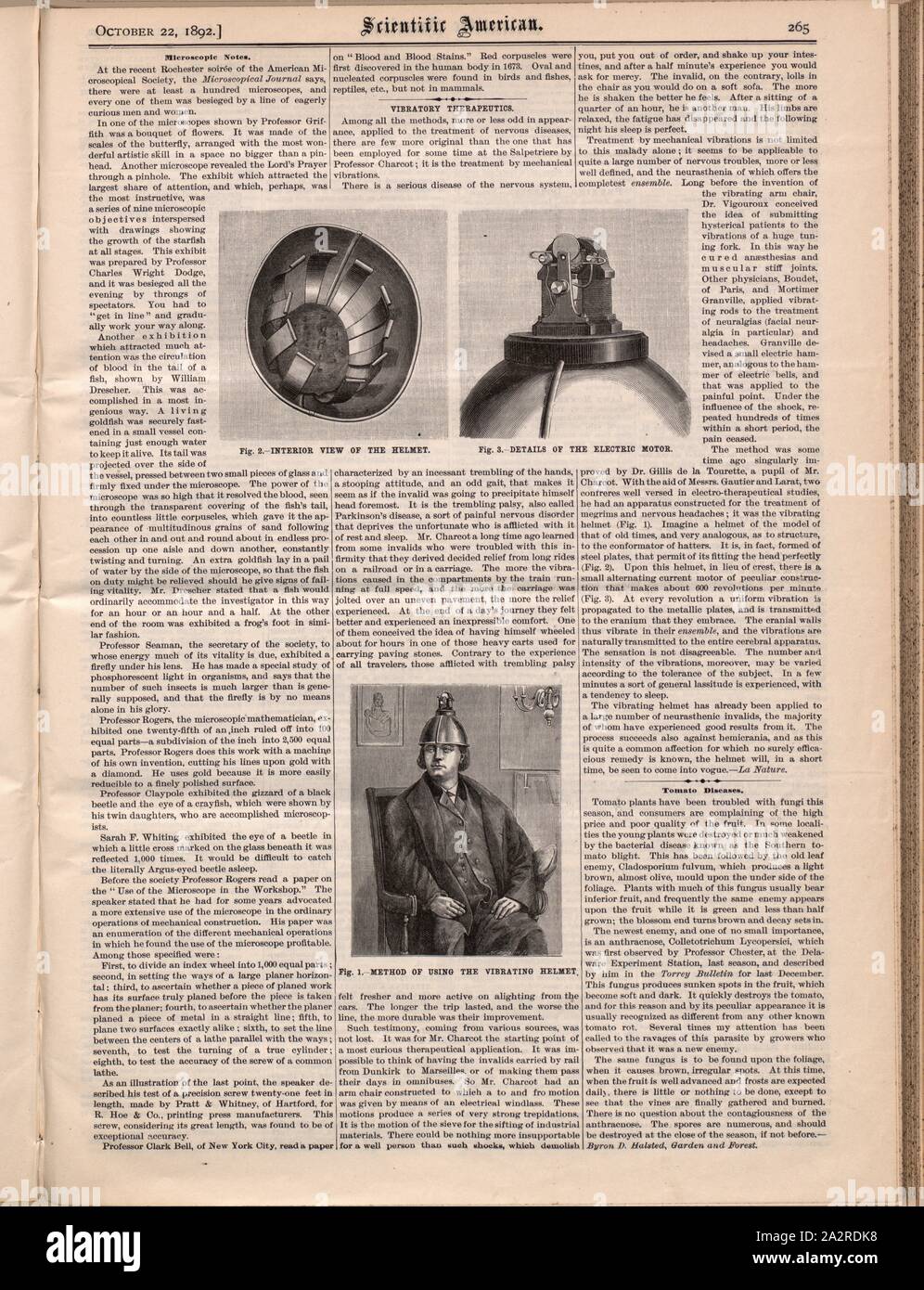 Vibration Helm nach Prof. Jean-Martin Charcot, Abb. 1-3, S. 265, 1892, Scientific American. Ser. 2, Jg. 67. New York: Scientific American, 1892 Stockfoto
