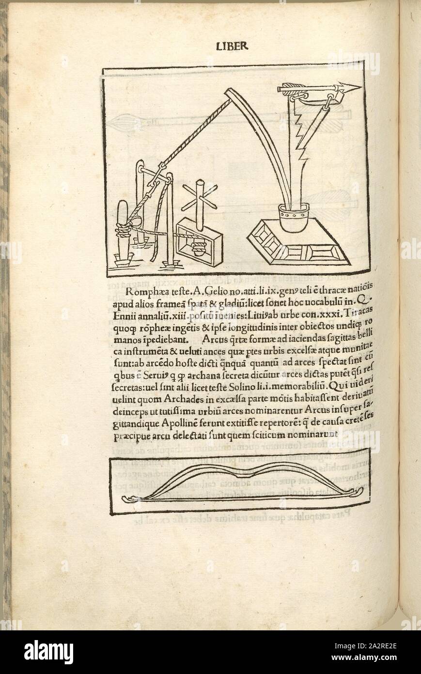 Katapult für Lanzen, Kriegsführung im Mittelalter, Oben: Katapult, Lance feuern Gerät mit Drehkreuz, unten: Bogen (Waffe), Holzschnitt, S. 320, (Liber decimus), 1483, Roberto Valturio: [DE RE MILITARI]. Verona: [Boninus de Boninis], [1483 Stockfoto