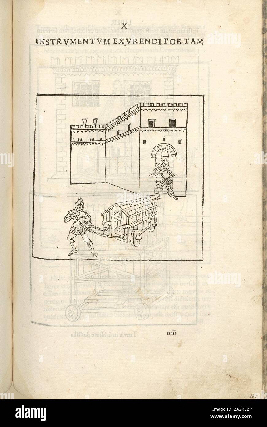 Ein Werkzeug für die Verbrennung der Tor, der Kriegsführung im Mittelalter,  Werkzeuge, Werkzeuge, Holz- Auto ein Tor einer Festung, Holzschnitt zu  zerstören, S. 329, (Liber decimus), 1483, Roberto Valturio: [DE RE  MILITARI].