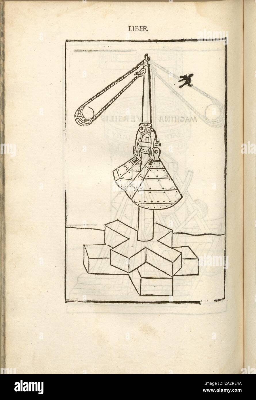 Pendel Bau für das Fallenlassen Kanonenkugeln, Kriegsführung im Mittelalter, Krieg, Katapult, werfen, Pendel Bau für den Abwurf von Kanonenkugeln, Holzschnitt, S. 370, (Liber decimus), 1483, Roberto Valturio: [DE RE MILITARI]. Verona: [Boninus de Boninis], [1483 Stockfoto