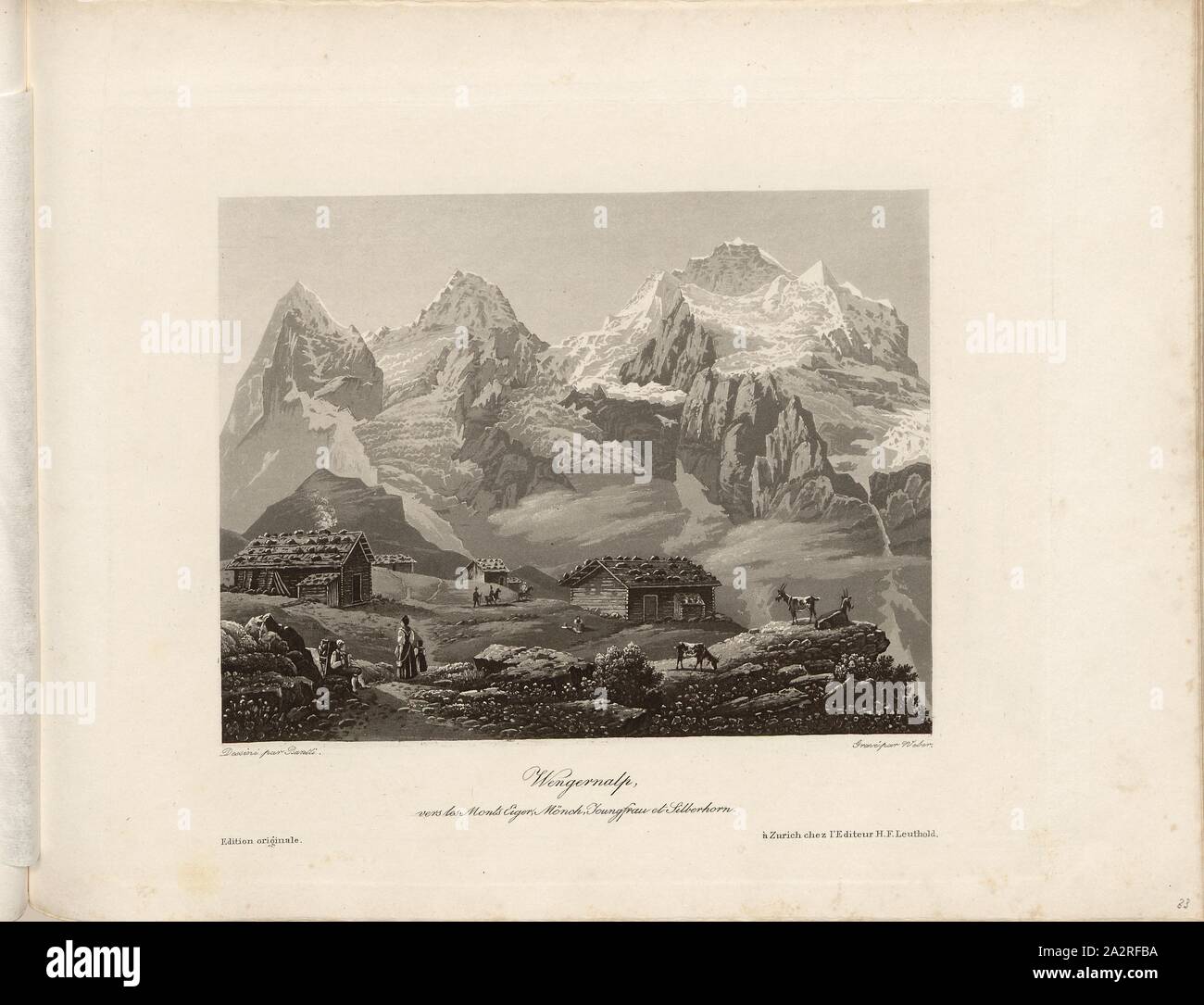 Wengernalp, Vers les Monts Eiger, Mönch, Joungfrau et Silberhorn, Blick auf die Wengernalp, mit Blick auf den Eiger, Mönch, Jungfrau und Silberhorn (Berner Oberland), unterzeichnet: Dessiné par Bantli, gravé von Weber, PL. 35, S. 78, Bantli (dessiné); Weber, Lukas (gravé), 1841, Hans Felix Leuthold: Cinquante vues pittoresques de la Suisse. Contenant les Points les plus intéressants et les plus originaux. Zürich: H.F. Leuthold, [1841 Stockfoto