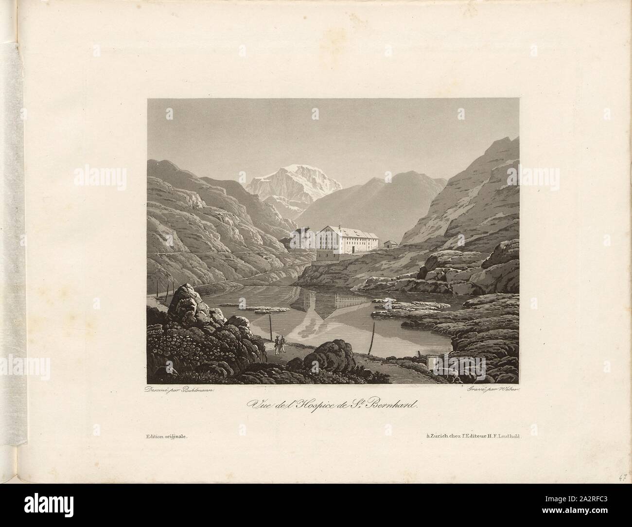 Vue de l'Hospice de St. Bernhard, Hospiz auf dem Grossen St. Bernhard, unterzeichnet: Dessiné par Buhlmann, gravé von Weber, PL. 49, S. 106, Buhlmann (dessiné); Weber, Lukas (gravé), 1841, Hans Felix Leuthold: Cinquante vues pittoresques de la Suisse. Contenant les Points les plus intéressants et les plus originaux. Zürich: H.F. Leuthold, [1841 Stockfoto