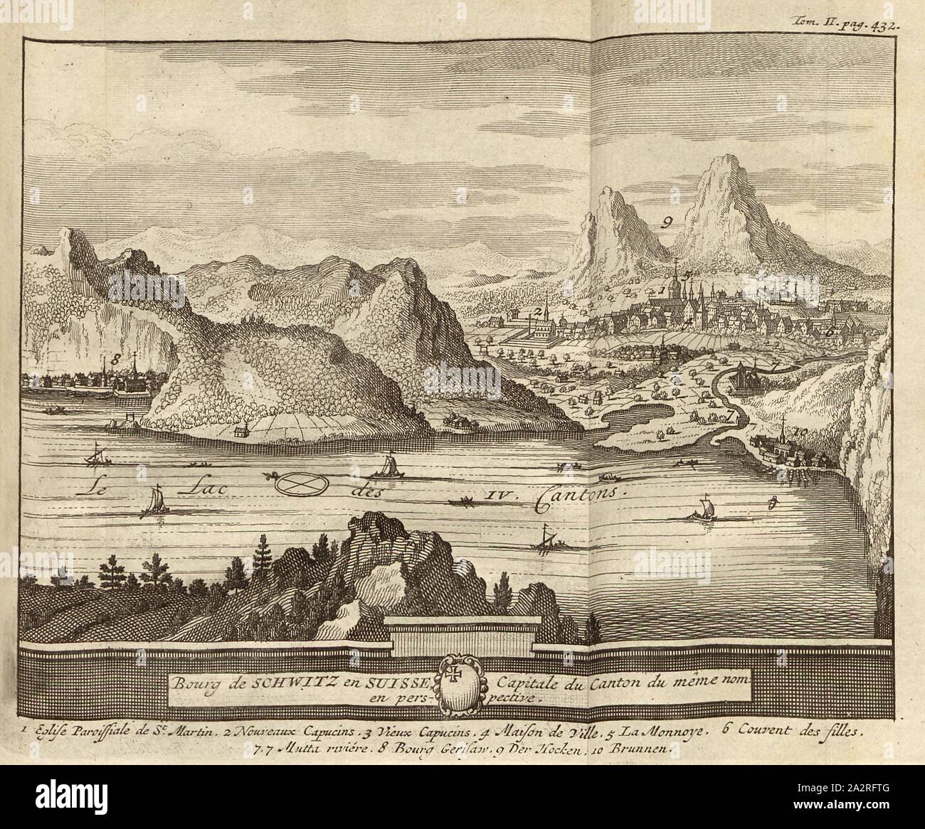 Bourg de Schwitz en Suisse, Capitale du Canton du même nom, Ansicht von Schwyz, bevor die Mythen, Vordergrund rechts: Brunnen am Vierwaldstättersee, links Gersai, S. 432 (Bd. 1, Bl. 2), 1730, Johann Georg Altmann: L'État et Les Délices de la Suisse, en forme de Verhältnis Kritik, par plusieurs Auteurs célèbres. Amsterdam: chez Wetsteins et Smith, 1730 Stockfoto