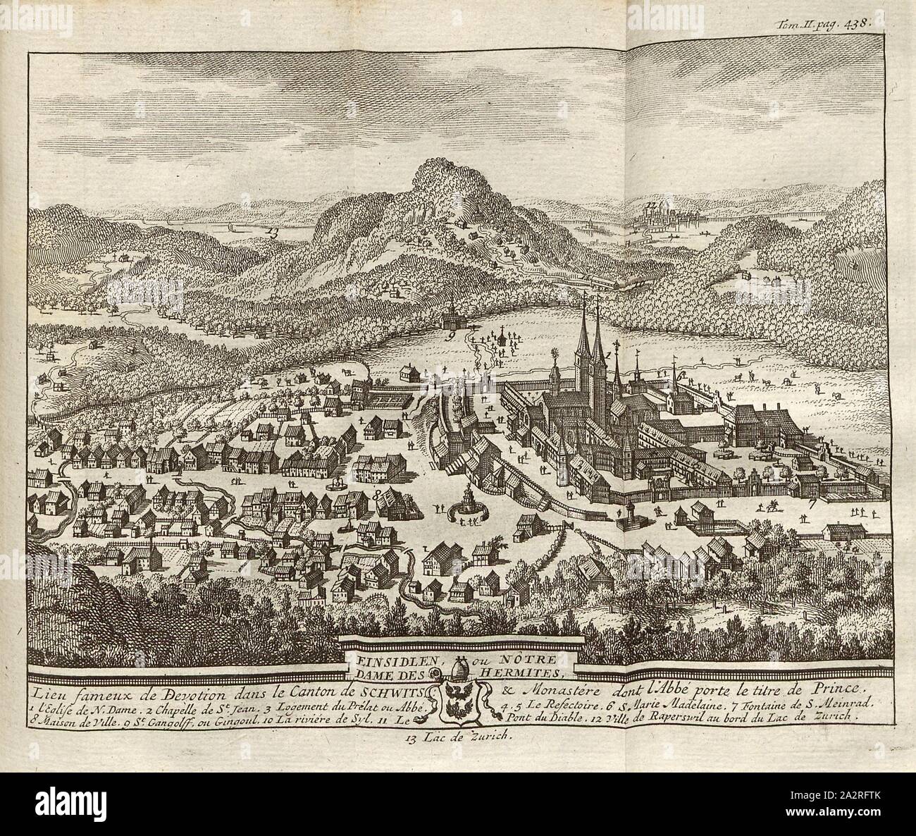 Einsidlen, oder unsere Dame des Hermites, der Birdshow Einsieden mit Kloster, im Hintergrund: Lake Zurich, Obersee, Rapperswil, S.438 (Bd. 1, Bl. 2), 1730, Johann Georg Altmann: L'État et Les Délices de la Suisse, en forme de Verhältnis Kritik, par plusieurs Auteurs célèbres. Amsterdam: chez Wetsteins et Smith, 1730 Stockfoto