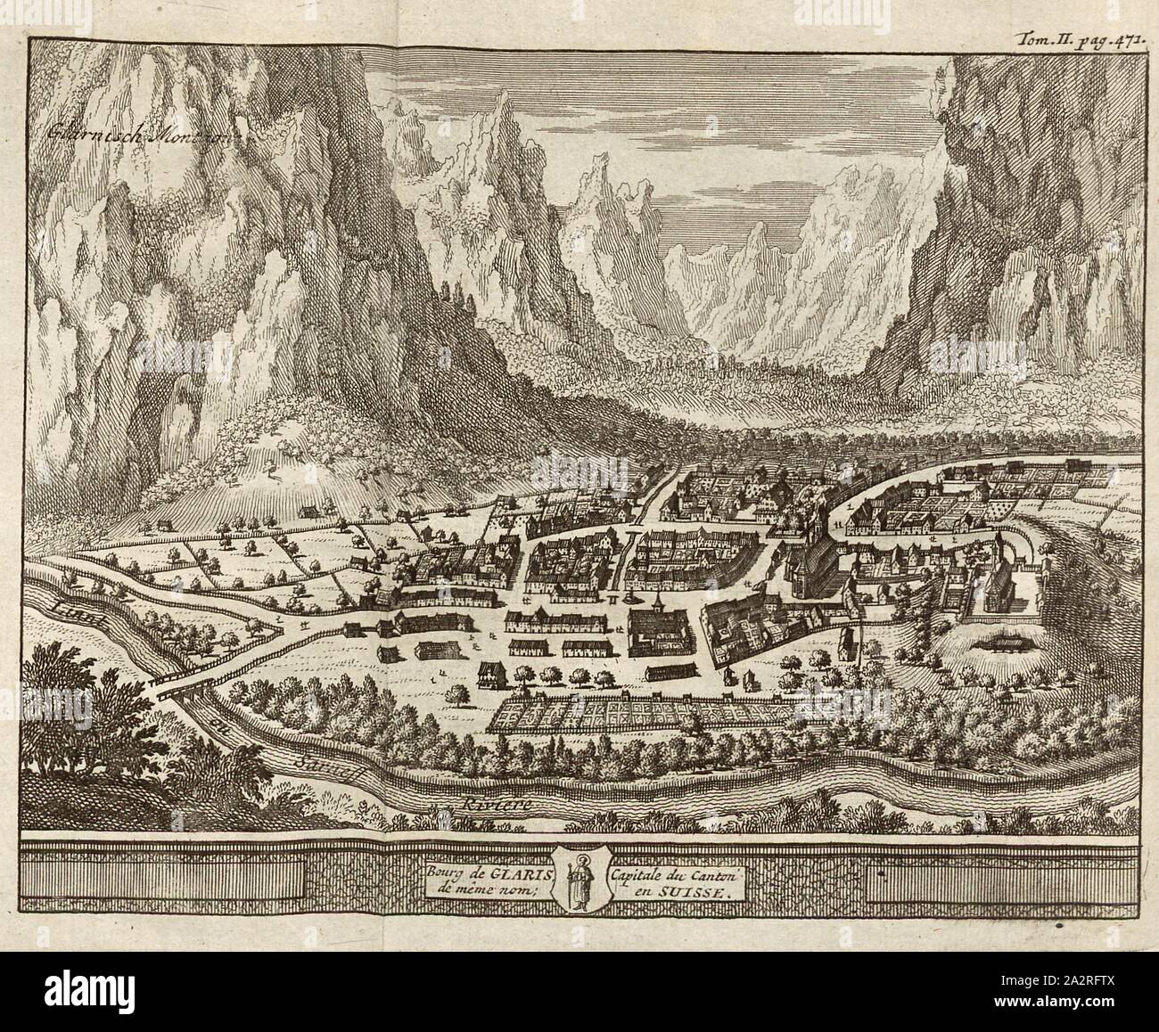 Bourg de Glarus, Capitale du Canton de même nom, en Suisse, Vogelschauplan von Glarus, S. 471 (Bd. 1, Bl. 2), 1730, Johann Georg Altmann: L'État et Les Délices de la Suisse, en forme de Verhältnis Kritik, par plusieurs Auteurs célèbres. Amsterdam: chez Wetsteins et Smith, 1730 Stockfoto