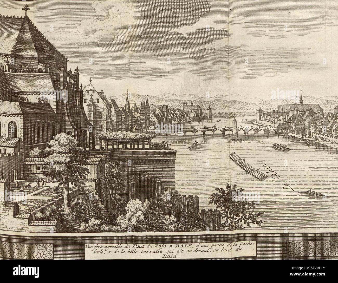 Vuë fort agréable du Pont du Rhin ein Bâle, d'une Partie de la Cathédrale, & de la Belle terrasse qui est au Devant, au Bord du Rhin, Stadt Basel mit Rheinbrücke und die Basler Münster, S. 18 (vol. 3), 1730, Johann Georg Altmann: L'État et Les Délices de la Suisse, en forme de Verhältnis Kritik, par plusieurs Auteurs célèbres. Amsterdam: chez Wetsteins et Smith, 1730 Stockfoto