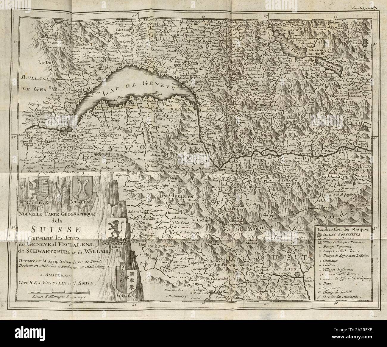 Neue Karte der Schweiz, Karte der Schweiz mit Genfer See, Berner Oberland und Wallis, S. 167 (Vol. 4), 1730, Johann Georg Altmann: L'État et Les Délices de la Suisse, en forme de Verhältnis Kritik, par plusieurs Auteurs célèbres. Amsterdam: chez Wetsteins et Smith, 1730 Stockfoto