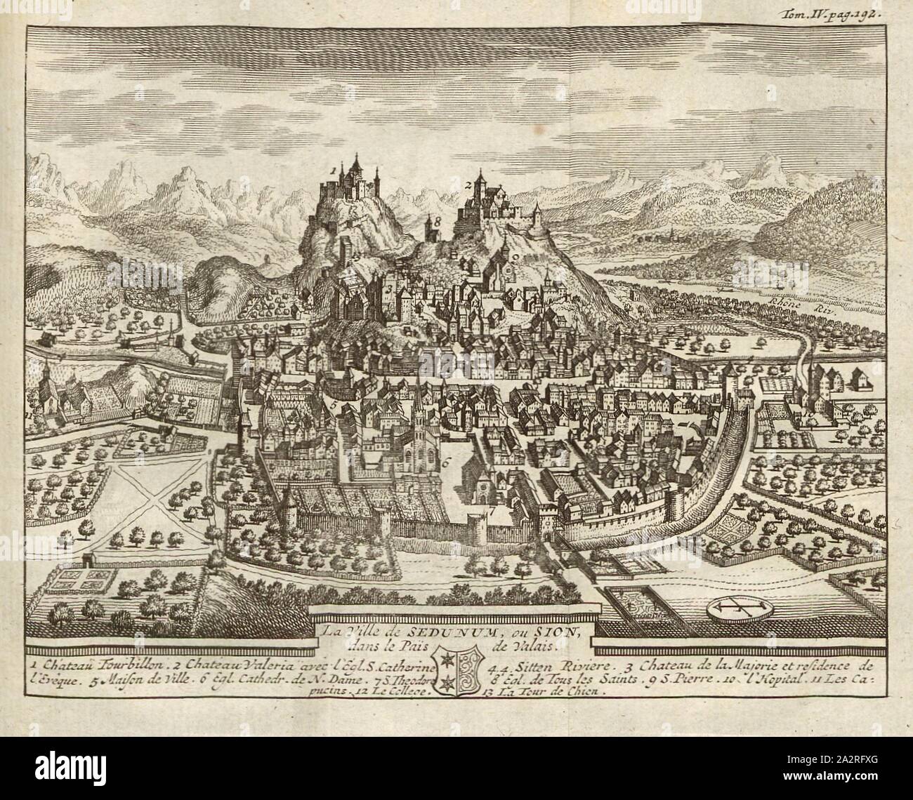 La Ville de Sedunum, ou Sion, dans le Pais de Wallis, Sion, Birdshow Prominente: Valère und Tourbillon, S. 192 (Vol. 4), 1730, Johann Georg Altmann: L'État et Les Délices de la Suisse, en forme de Verhältnis Kritik, par plusieurs Auteurs célèbres. Amsterdam: chez Wetsteins et Smith, 1730 Stockfoto