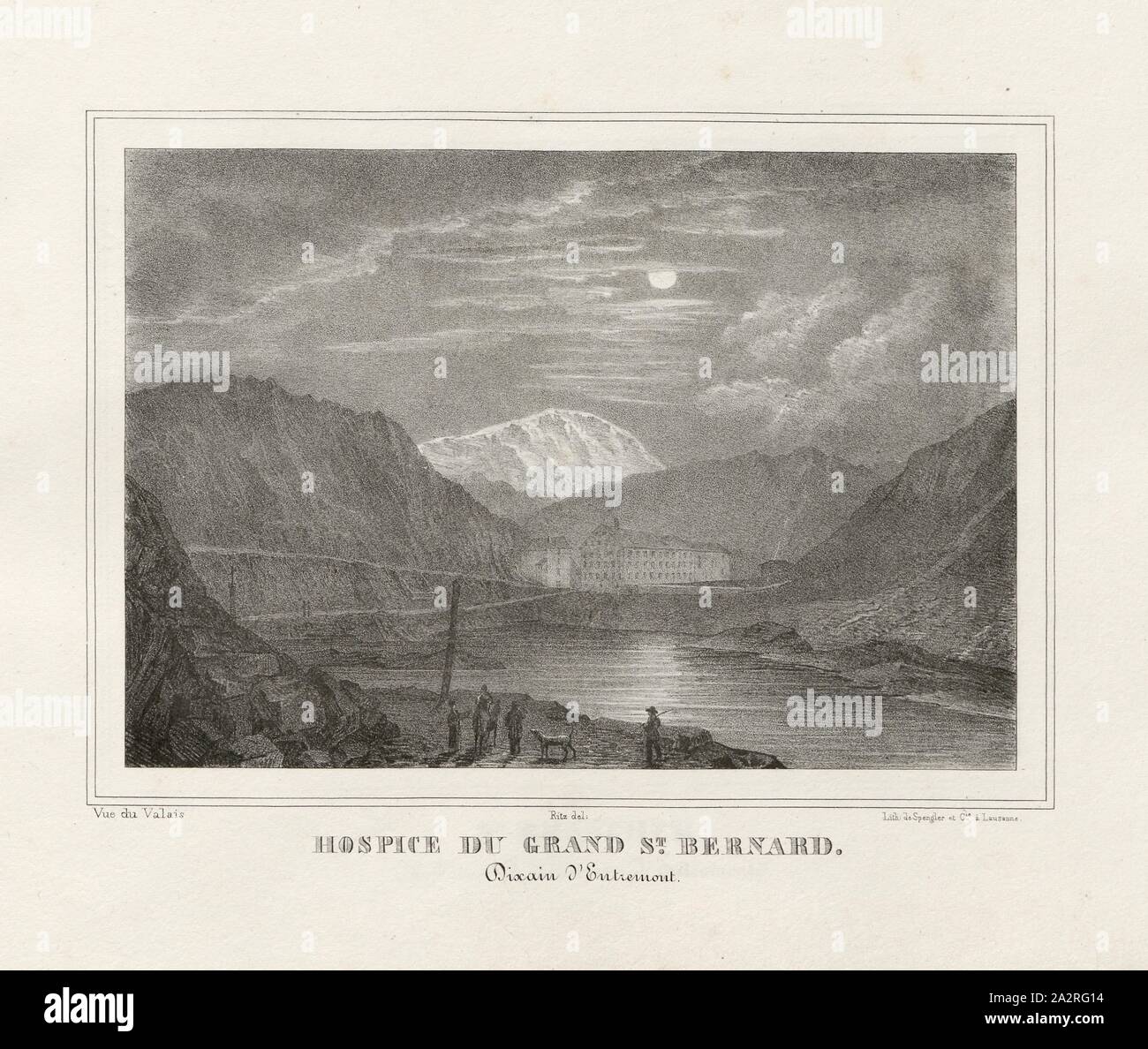 Hospiz des Grossen St. Bernhard. Dixain d'Entremont, der Große St. Bernhard's Hospice in der Nacht im Mondlicht, unterzeichnet: Ritz, Datum geschätzt, Taf. 25, S. 53, Ritz, Lorenz Justin (Del.), 1800, Lorenz Justin Ritz, Sammlung des principales vues et Koch - lieux des dixains du Canton du Valais. Sion: imprimerie de Schmid et Murmann, [18. Stockfoto