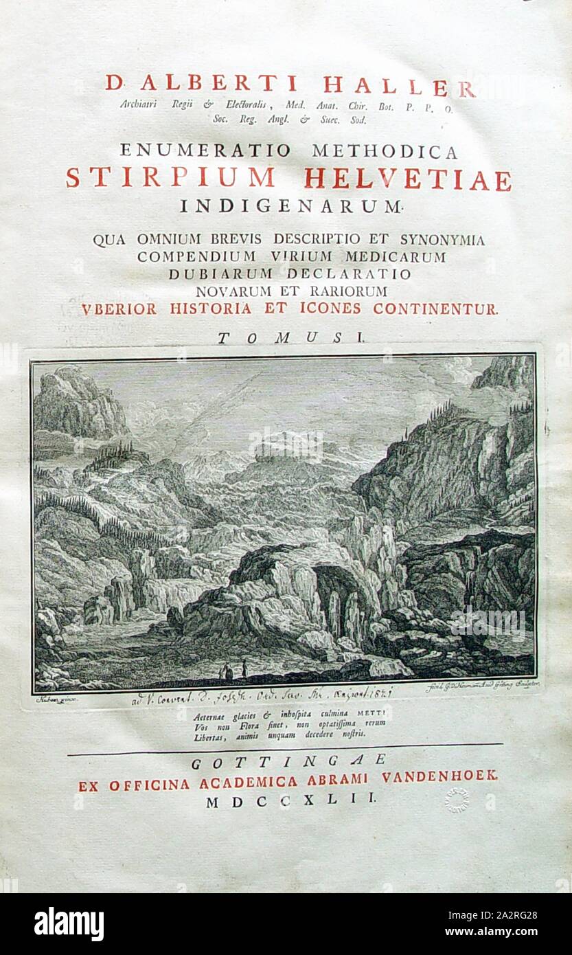 Albrecht von Hallers Flora zu Titelblatt, methodische Schweizer einheimische Pflanzen...' 1, Titelseite für Albrecht von Haller Enumeratio methodica stirpium Helvetiae indigenarum... "Mit der Abbildung von einem Gletscher aus dem 18. Jahrhundert, Signiert: Huber pinx, fecid G.D. Heumann Acad., Götting Bildhauer, Titelseite, Huber (pinx.); Heumann, G. D. (sc.), 1742, Albrecht von Haller: [...] Enumeratio methodica stirpium Helvetiae indigenarum. Tomus I. Gottingae: ex Officina Academica Vandenhoek Abrami, [1742 Stockfoto