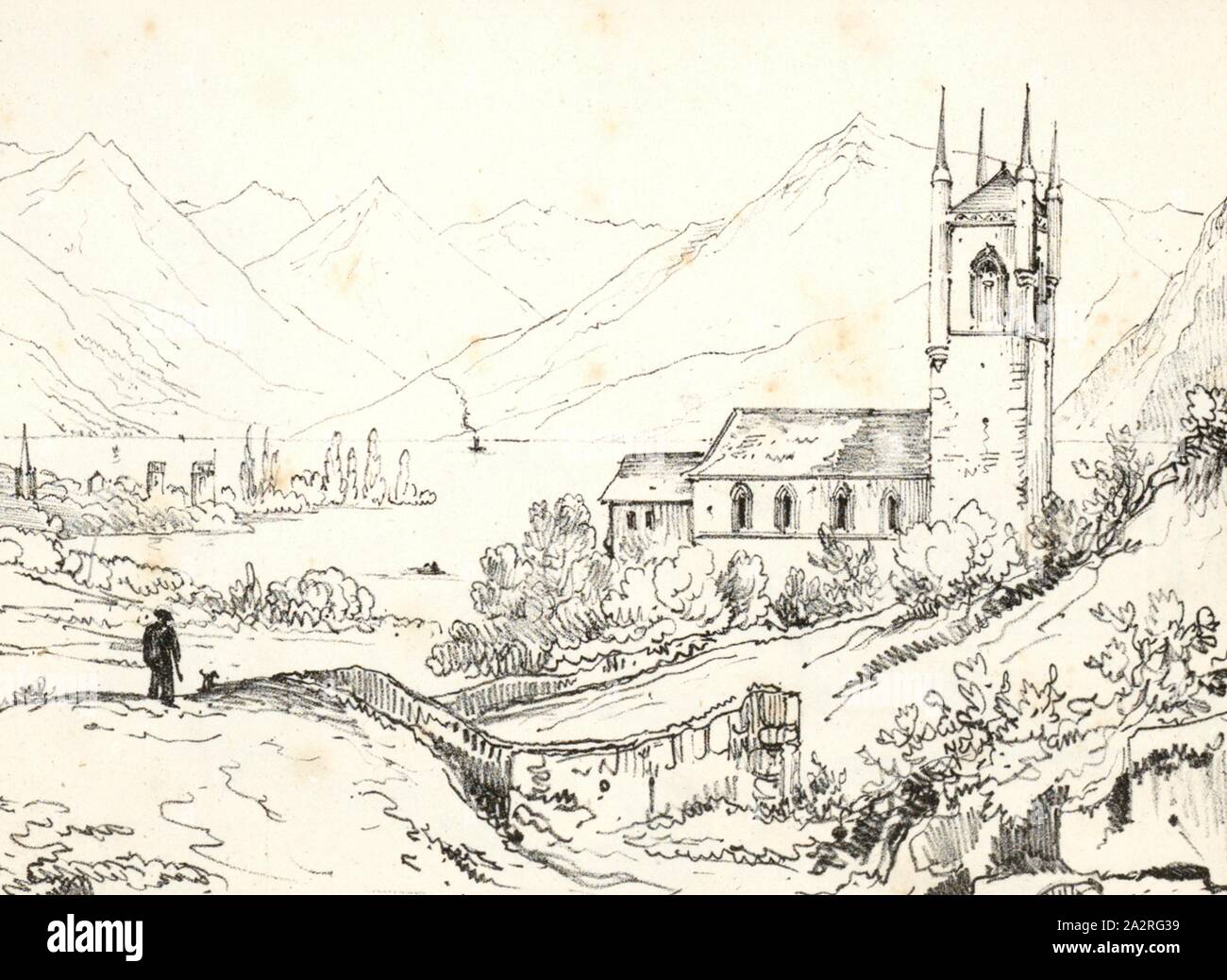 Vevey (Kanton Waadt), Blick auf die Kirche St. Martin Vevey, Abb. 11, S. 45, Champin, Jean Jacques, 1800], [Jean-Jacques Champin: Album portatif dédié aux Amateure et particulièrement aux Voyageurs en Suisse: Texte français et anglais. Paris: Lith.de Tierry frère. 18. Stockfoto