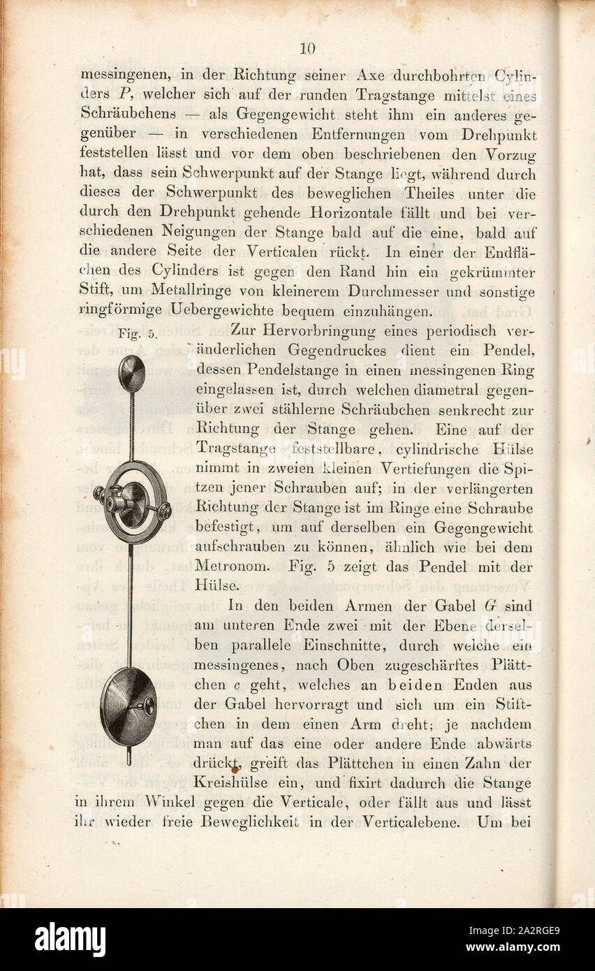 Pendel mit Hülse, Pendel einer Rotationsmaschine, Abb. 5, S. 10, 1857, Franz Heinen: Über 48 Rotations-Apparate, insbesondere den Fessel'schen. Braunschweig: Druck und Verlag von Friedrich Vieweg und Sohn, 1857 Stockfoto