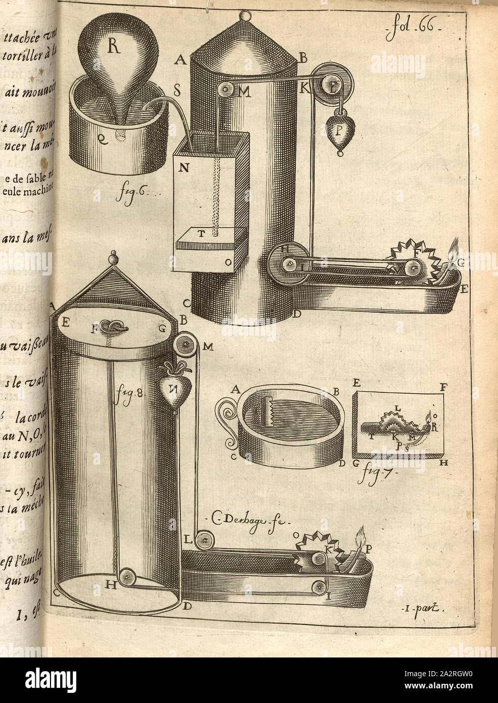 Lampe Modelle, Abbildung verschiedener Öllampen aus dem 17. Jahrhundert, Signiert: C. Derbage fe, Abb. 3, S. 66, Derbage, Cl. (Fec.), 1665, Jean de Monconys Bertet, Balthasar: Journal des Voyages de Monsieur de Monconys: [...]. Premiere Partie. Lyon: chez Horace Boissat & George Remeus, 1665 Stockfoto
