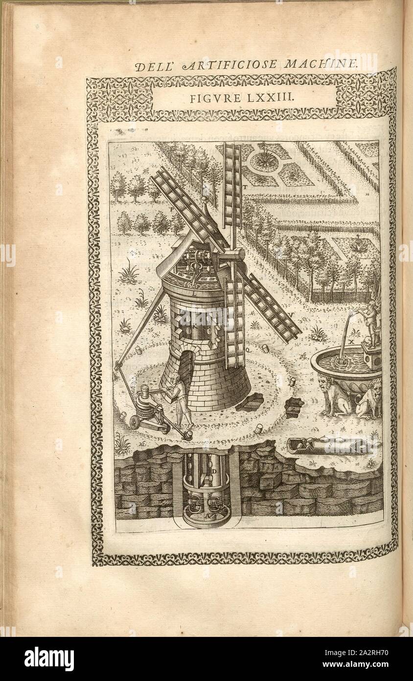 Pumpe (63), Wind Pumpe durch Windenergie angetrieben, Kupferstich, Abb. LXXIII, S. 112, 1588, Agostino Ramelli: Le diverse et artificiose machine del Capitano Agostino Ramelli (...). A Parigi: in Casa del'Autore, 1588 Stockfoto