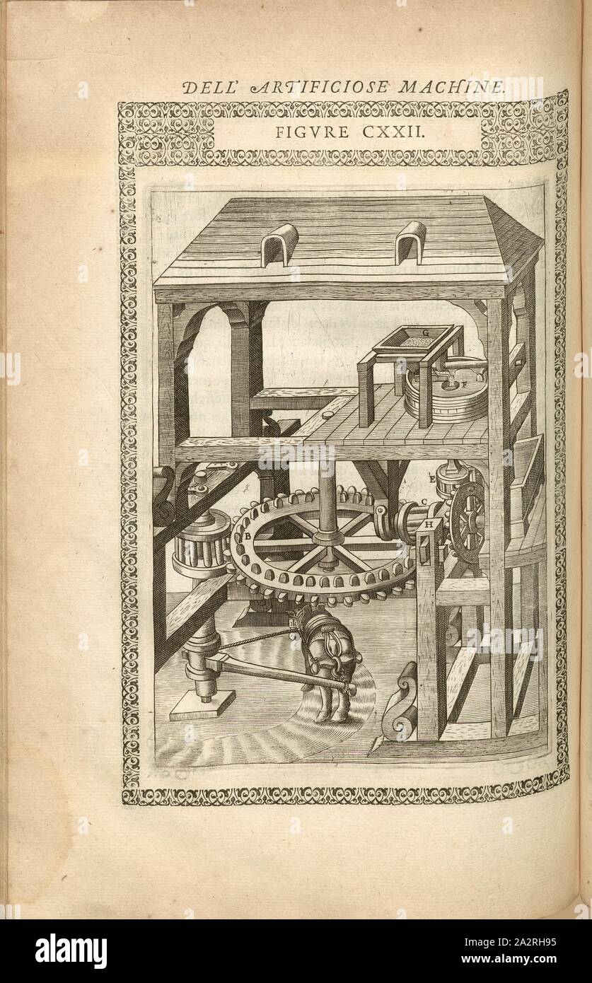 Mühle (10), Betrieb eines Tieres - angetriebene Mühle, Kupferstich, Abb. CXXII, nach S. 189, 1588, Agostino Ramelli: Le diverse et artificiose machine del Capitano Agostino Ramelli (...). A Parigi: in Casa del'Autore, 1588 Stockfoto