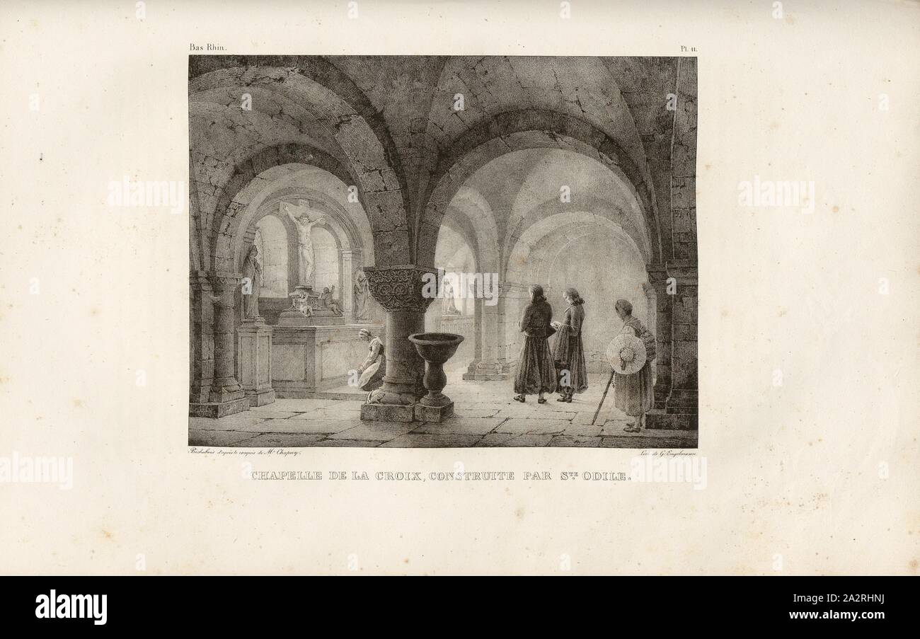 Kapelle des Kreuzes, gebaut von Ste. Odile, im Innern der Kapelle von Croix, Bas Rhin, unterzeichnet: Bichebois d'après (...) Chapuy, Lith. De G. Engelmann, PL. 11, S. 48 (Teil 2), Bichebois, Alphonse; Chapuy; Engelmann, Godefroy (Lith.), 1828, De Golbéry, J. G. Schweighäuser: Antiquités de l'Alsace ou Châteaux, églises et autres monumens des départemens du Haut-et du Bas-Rhin. Mulhouse [etc.] : Engelmann, 1828 Stockfoto