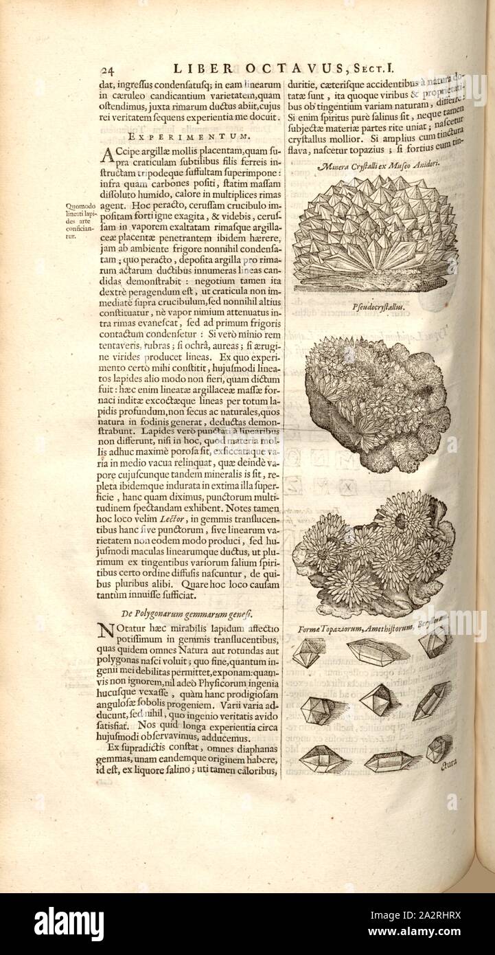 Mit einem Mineral, das Kristalline wird aus dem Museo Anidori, Pseudocristallus und eine Form von Topas, Amethyst, Türkis, Illustrationen von verschiedenen Mineralien aus dem 17. Jahrhundert, Abb. 3, S. 24, 1665, Anthanasius Kircher: Mundus subterraneus. Tomus II. Amstelodami: Apud Ioannem Ianssonium & Elizeum Weyerstraten, 1664 Stockfoto
