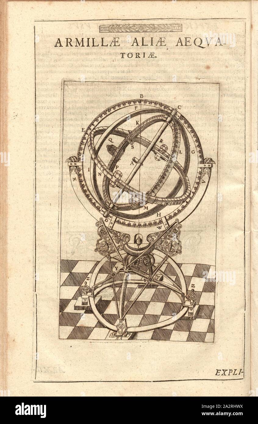 Die Armbänder Alliae Aequatoriae, Illustration eines anderen äquatorialen Armillarsphäre aus dem 17. Jahrhundert, Abb. 13, S. 48, 1602, Tycho Brahe: Tychonis Brahe Astronomiae instauratae Mechanica. Noribergae [Nürnberg]: Apud Levinum Hulsium, 1602 Stockfoto