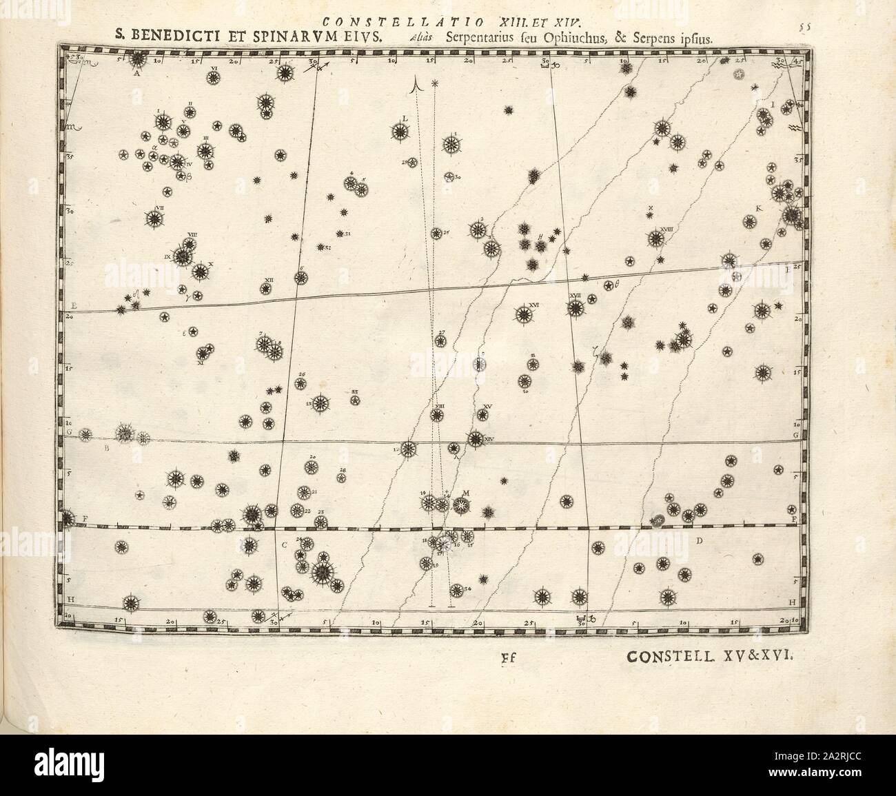 Serpentarius, Sternbild Schlange Träger (Schlangenträger), Constellatio XIV, S. 55, Bayer, Johann; Schecks, Kaspar, 1627, Julius Schiller, Johann Bayer, Kaspar Schecks: Coelum stellatum christianum" convexum (...). Augustae Vindelicorum [Augsburg]: Apergeri praelo Andreae, 1627 Stockfoto