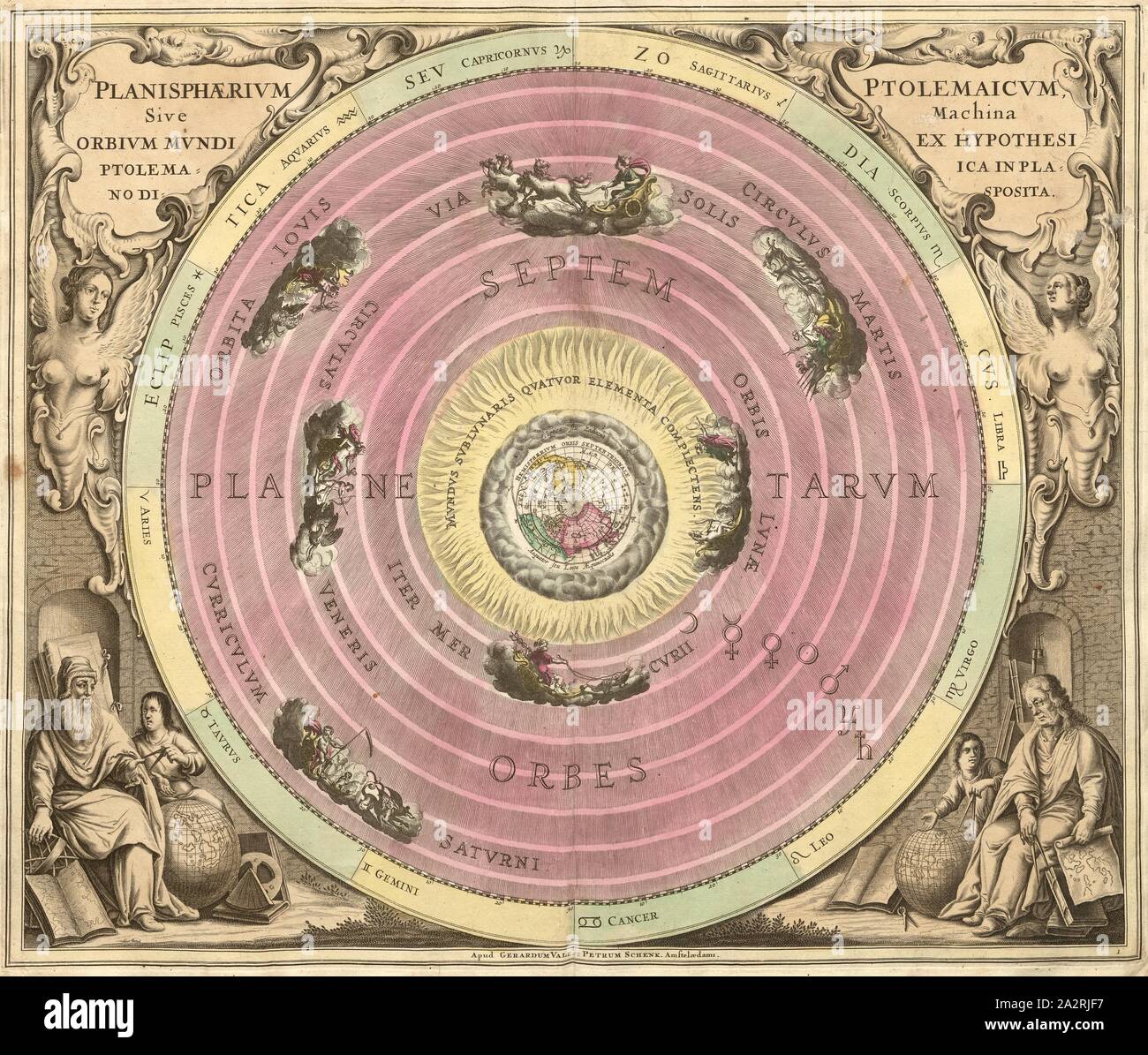 Planisphaerium der Anhänger des Ptolemäus, oder der Maschine sind in der Ebene der Umlaufbahnen der Welt arrangiert, von der Hypothese der Ptolemaica, Flach (planispheric) Darstellung des Sonnensystems nach dem Ptolemäischen Modells, PL. 1, S. 6, Andreas, Andreas Cellarius Cellarius: Harmonia macrocosmica, seu, Atlas universalis et Novus, totius Universi creati cosmographiam generalem, et novam exhibens (...). Amstelodami: Apud Gerardum Valk & Petrum Schenk, 1708 Stockfoto