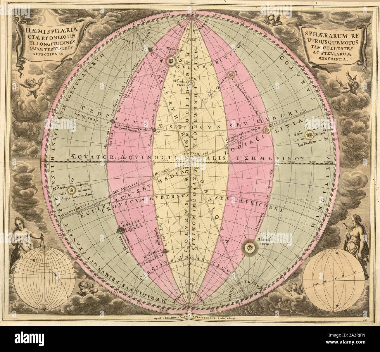 Kugeln, Halbkugeln geraden und schrägen Bewegung und die Längen der terrestrischen und Stars wie soelestes Gefühle Monsrantia, Sky Karte mit Berücksichtigung der Ekliptik und äquatoriale Koordinatensystem, PL. 12, S. 39, Cellarius, Andreas, Andreas Cellarius: Harmonia macrocosmica, seu, Atlas universalis et Novus, totius Universi creati cosmographiam generalem, et novam exhibens (...). Amstelodami: Apud Gerardum Valk & Petrum Schenk, 1708 Stockfoto