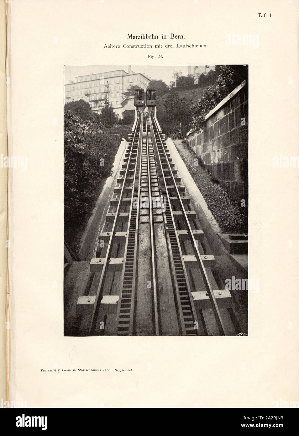 Marzilibahn in Bern, Abb. 24: drei Läufer der Marzilibahn in Bern unterzeichnet: M.R.Co, Abb. 24, Platte 1, nach S. 71, E. Strub: Bergbahnen der Schweiz bis 1900. Bd. 1, Bl. 1. Wiesbaden: Verlag von J F. Bergmann, 1900 Stockfoto