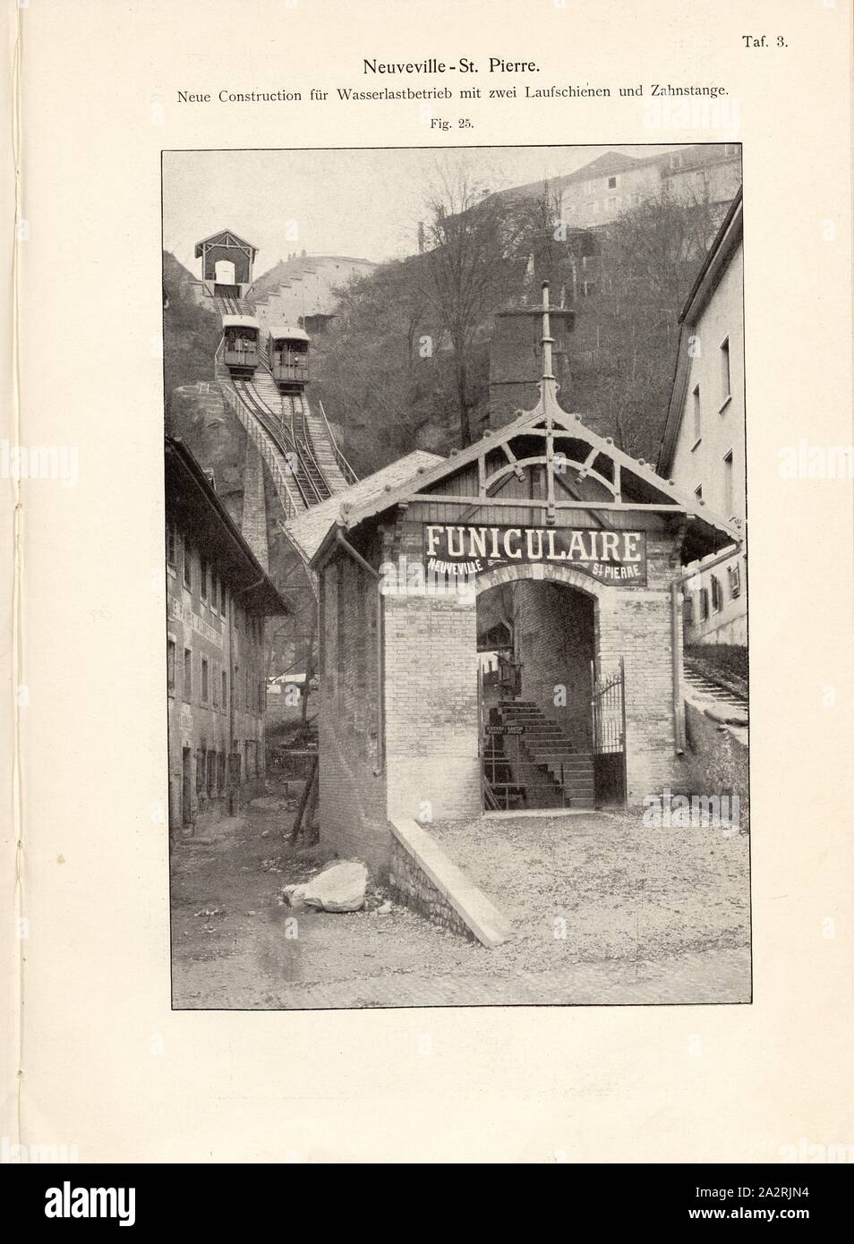 Standseilbahn Neuveville - St. Pierre, Abb. 25: Zwei Schienen und Rack der Standseilbahn Neuveville Saint-Pierre, Abb. 26, Platte 3, nach S. 71, E. Strub: Bergbahnen der Schweiz bis 1900. Bd. 1, Bl. 1. Wiesbaden: Verlag von J F. Bergmann, 1900 Stockfoto