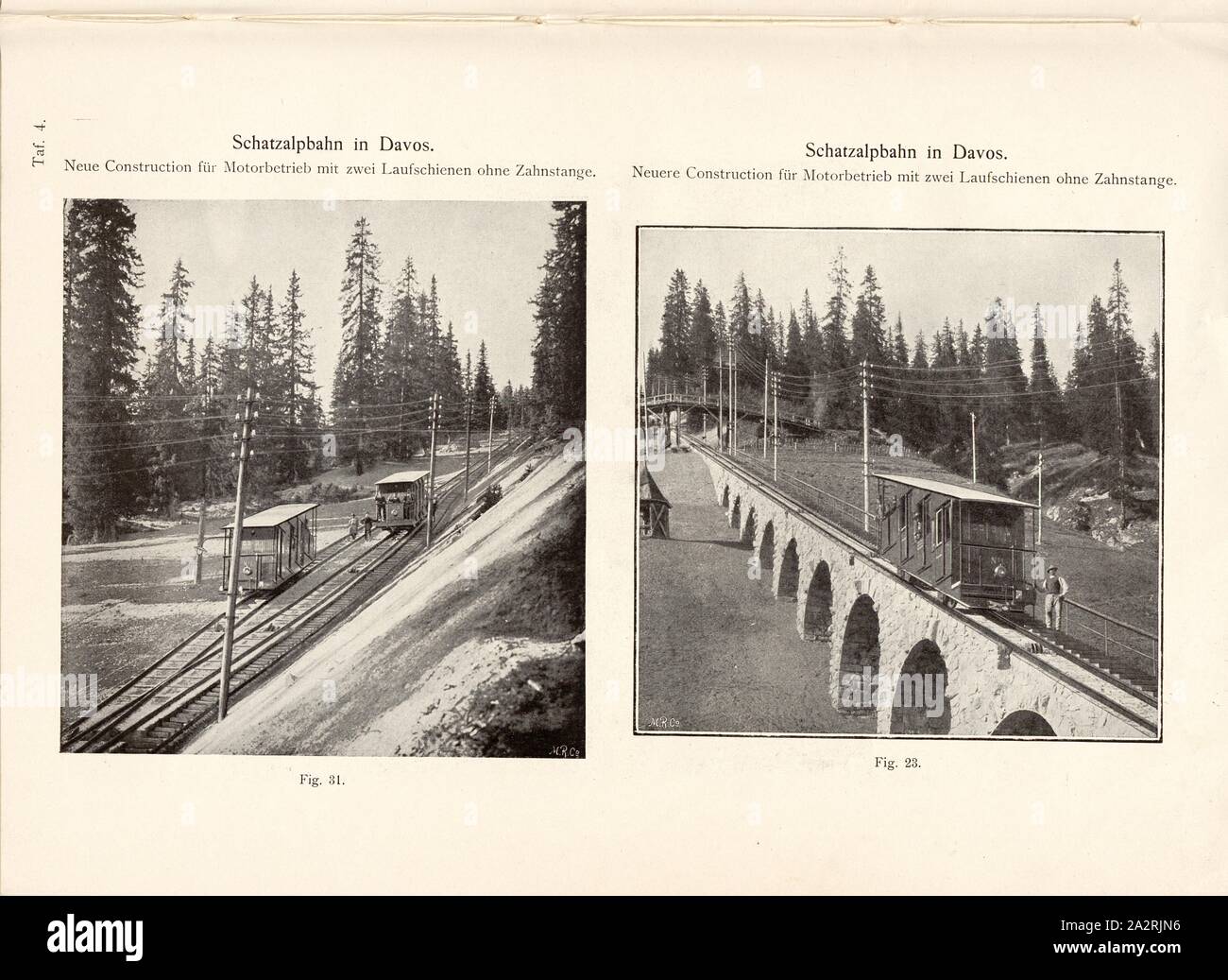 Schatzalp in Davos, Abb. 31 und 23: Zwei Tracks ohne Rack der Standseilbahn auf die Schatzalp, unterzeichnet: M.R.Co, Abb. 27, Platte 4, nach S. 71, E. Strub: Bergbahnen der Schweiz bis 1900. Bd. 1, Bl. 1. Wiesbaden: Verlag von J F. Bergmann, 1900 Stockfoto