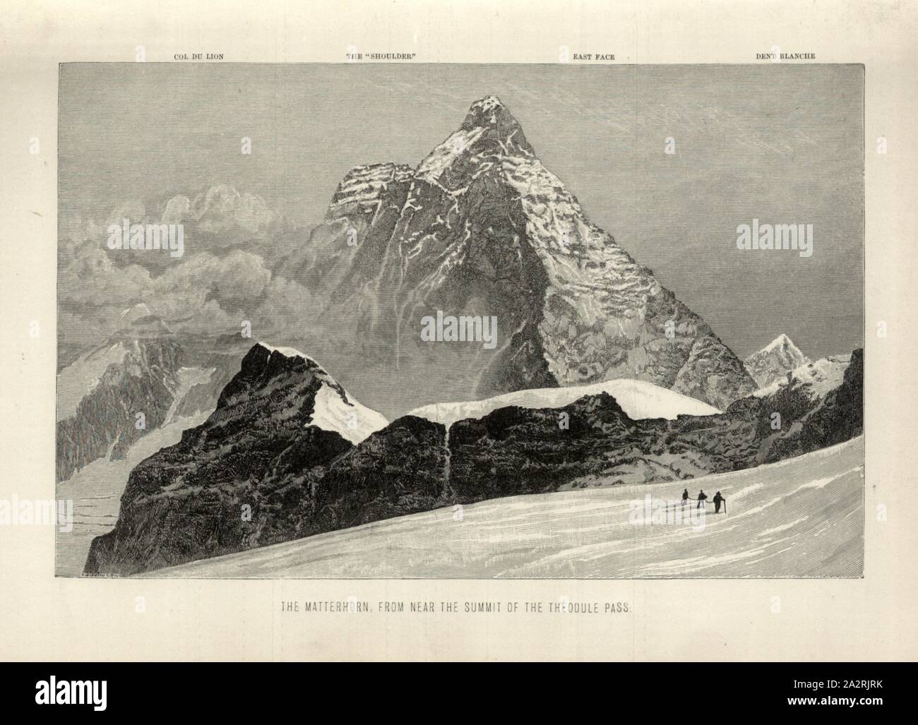 Das Matterhorn, in der Nähe des Gipfels der Theodul Pass, das Matterhorn vom Theodul, unterzeichnet: Whymper, Eingagunden / S. 46, Whymper, Edward (sc.) 1880, Edward Whymper: Die Besteigung des Matterhorns. London: John Murray, 1880 Stockfoto