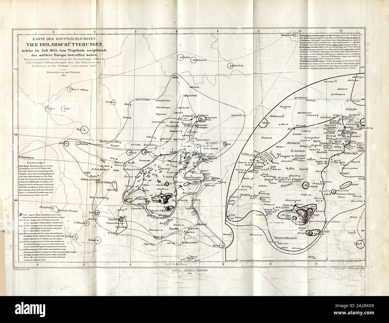 Karte der wichtigsten vier Erdstöße, die im Juli 1855, ausgehend vom Vispthale, Mitteleuropa, Erdbeben Karte der vier größten Erdbeben im Juli 1855 betroffen, unterzeichnet: A.Petermann dir, Abb. 1, S. 522, Petermann, A. (dir.), 1857, Georg Heinrich Otto Volger: Untersuchungen über das Phänomen der Erdbeben in der Schweiz [...]. Gotha: Justus Perthes, 1857-1858 Stockfoto