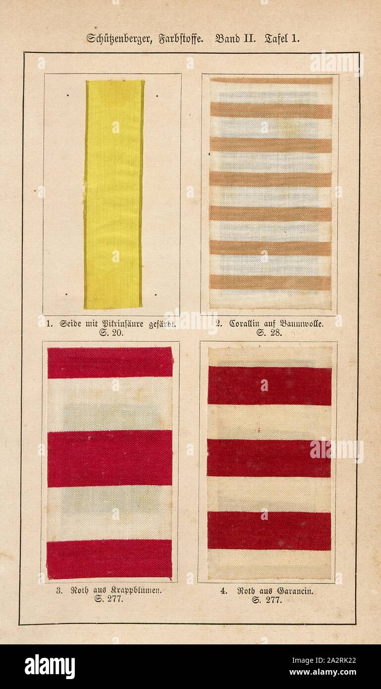 Schützenberger, Farbstoffe 1, Seide mit pikrinsäure (s. gefärbt 20), coralline über Baumwolle (s. 28), Rot von madder Blumen (s. 277), Roth aus Garancin (s. 277), gefärbten Stoff Muster, pl., s. 623 (Index), Schützenberger, P., 1873, S. Schützenberger: Die Farbstoffe mit besonderer Berücksichtigung ihrer Anwendung in der Färberei und Druckerei. Berlin: Oppenheim, 1873 Stockfoto