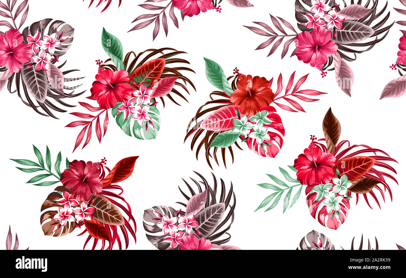 Schöne nahtlose Blumenmuster, Frühling Sommer Hintergrund mit tropischen Blumen, Palmen, Dschungel Blatt, Hibiskus, Paradies exotische Blume. Stockfoto