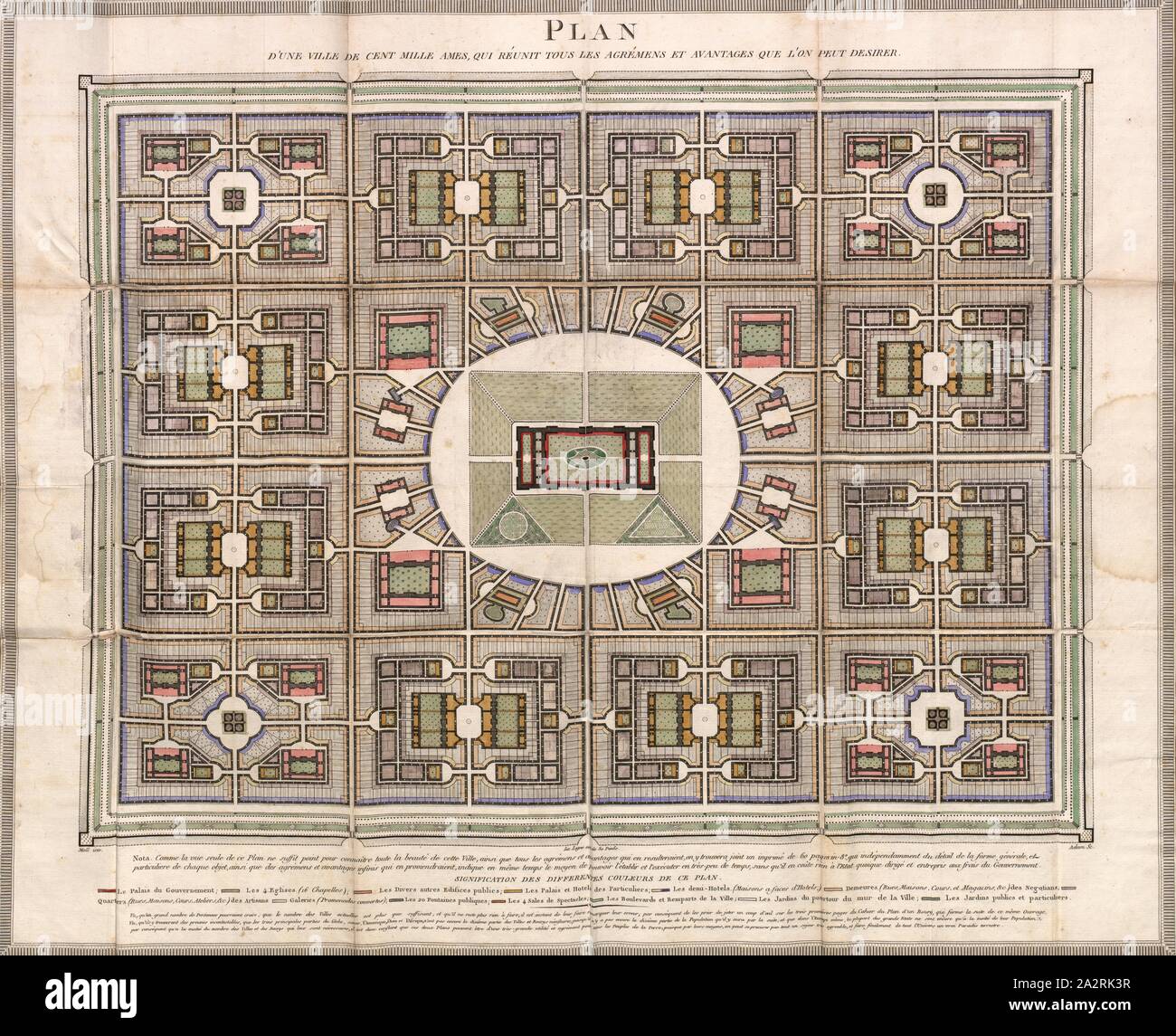 Plan der Stadt der hundert tausend Seelen, an denen alle Annehmlichkeiten und Vorteile, die gewünscht werden kann, Planen einer Stadt für zehn tausend Einwohner aus dem 19. Jahrhundert, Signiert: Moll inv, Adam sc, pl., 1, nach S. 62, Moll, Johann Jakob (Inv.); Adam (sc.), 1801, Johann Jakob Moll: Plan d'une Ville de cent mille Ames [...]. Ein Bienne: [s. n.], [S.A. Stockfoto